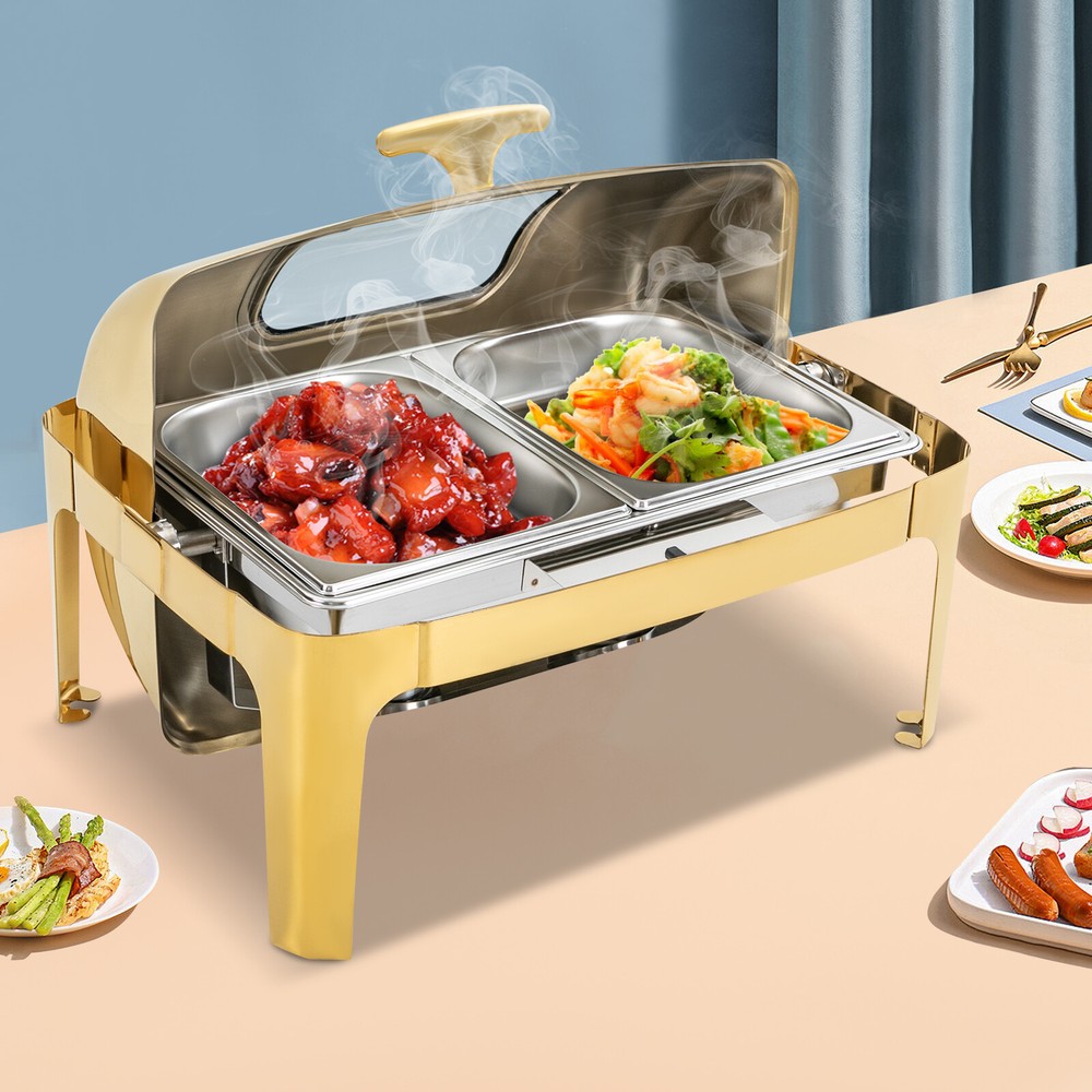 Roll Top Chafing Dishe Chafing Dish with 2 Food Pans & Visible Lid Rectangular