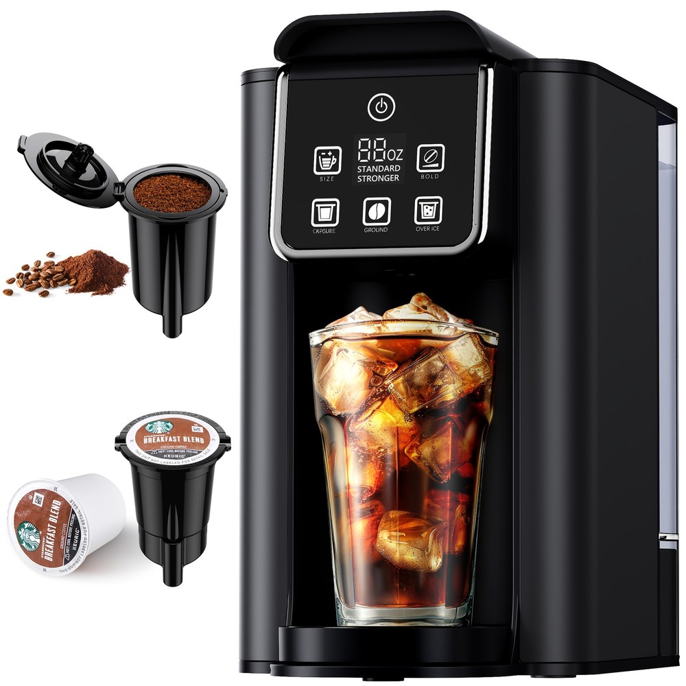 Black hot and cold coffee maker, suitable for K cups and coffee grounds.