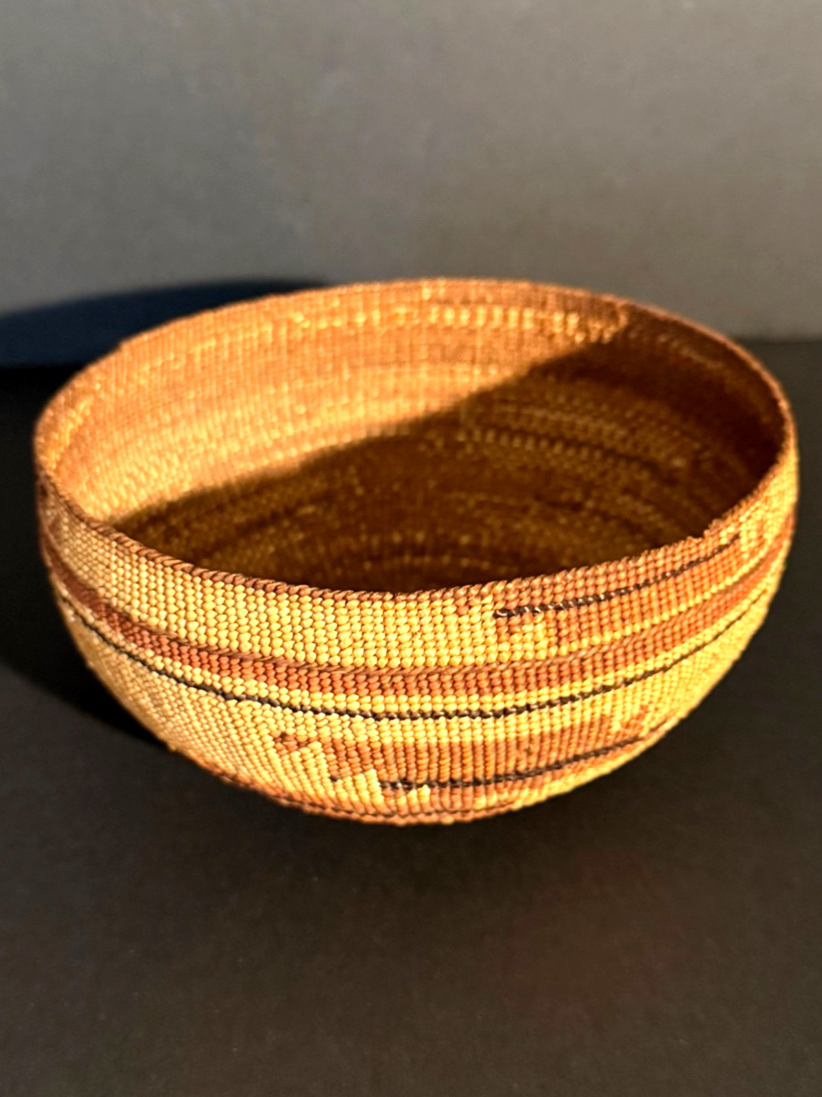 EXTRAORDINARY HUPA FANCY CAP BASKET, BEAR GRASS & FERN OVERLAY, C1890, EXCELLENT