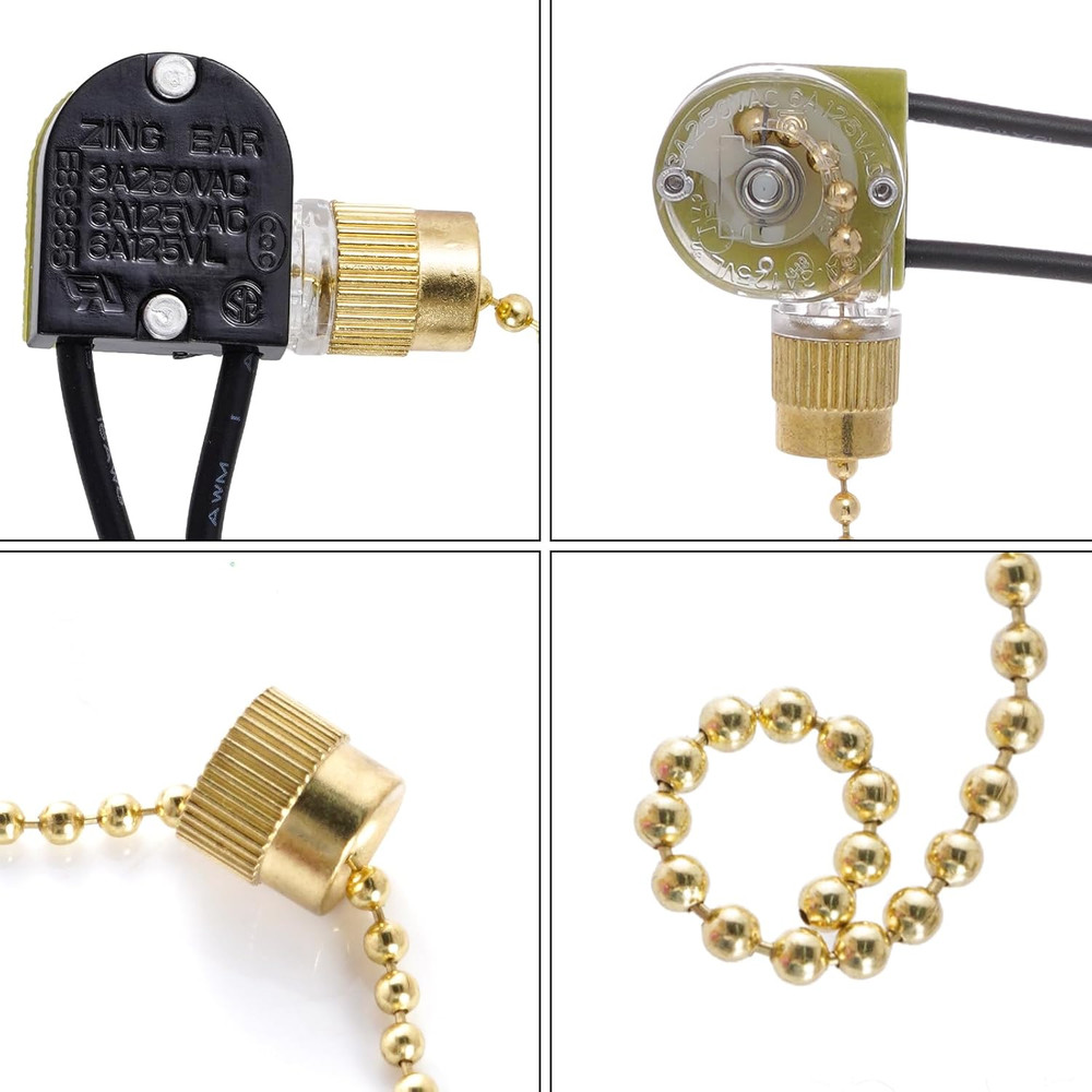 3 Pack Two-Wire Ceiling Fan Light Switch Pull Chain Control (Brass)