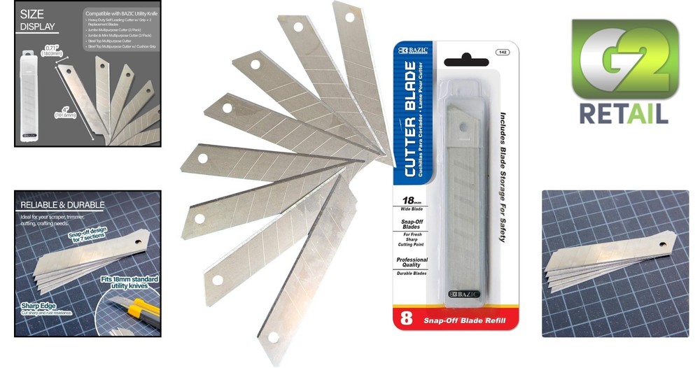 BAZIC 8-Count Replacement Blades for Utility Knives - Precision Cutting