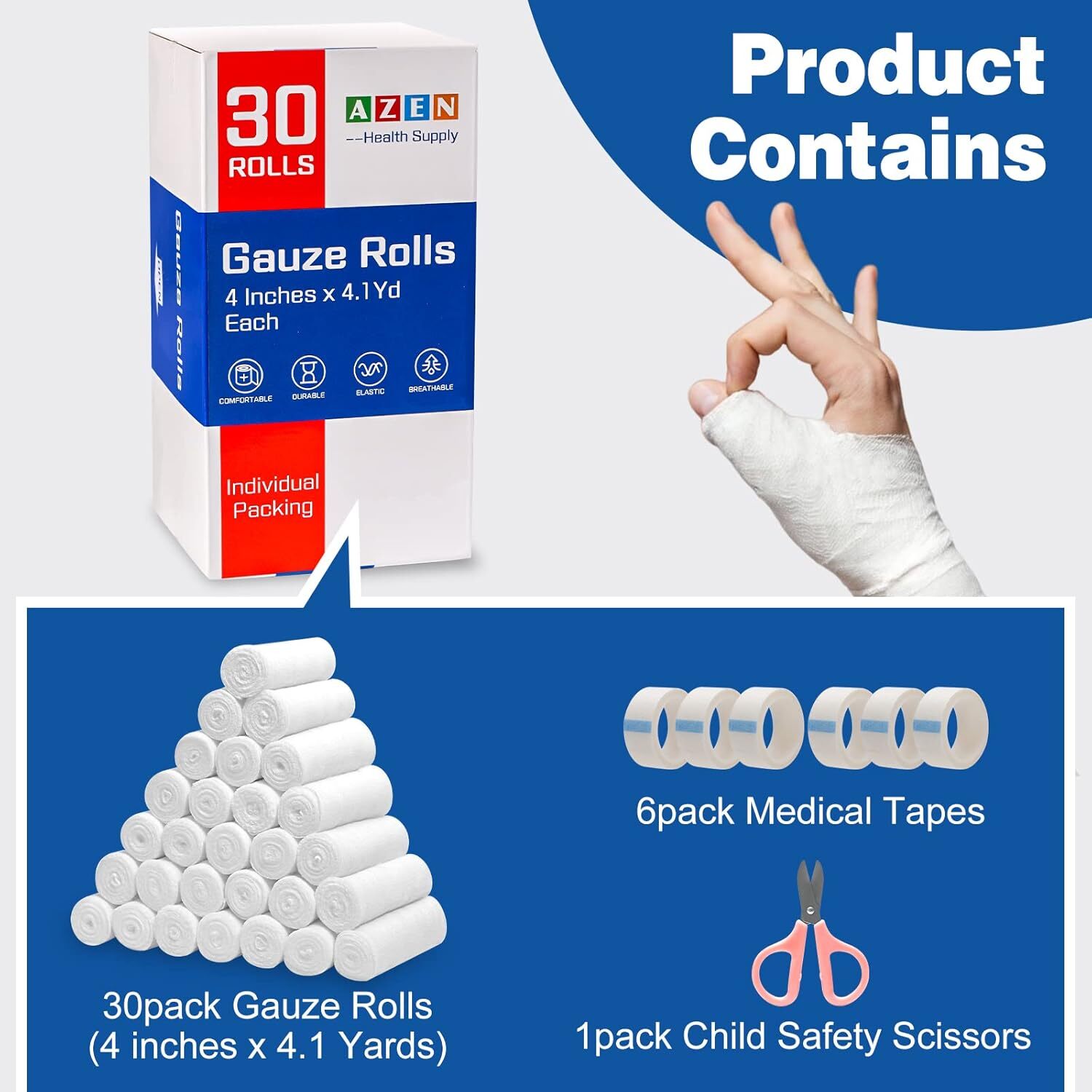 30 Pack Gauze Rolls Bandages, 4 in X 4.1 Yards, Premium Medical Supplies & First