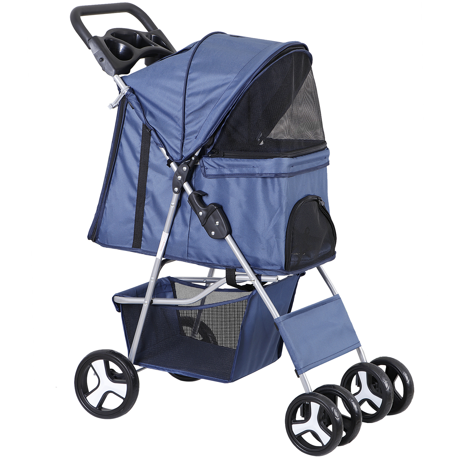 4 Wheels Blue Pet Stroller with Cup Holder, Breathable Mesh for S/M Dog Cat