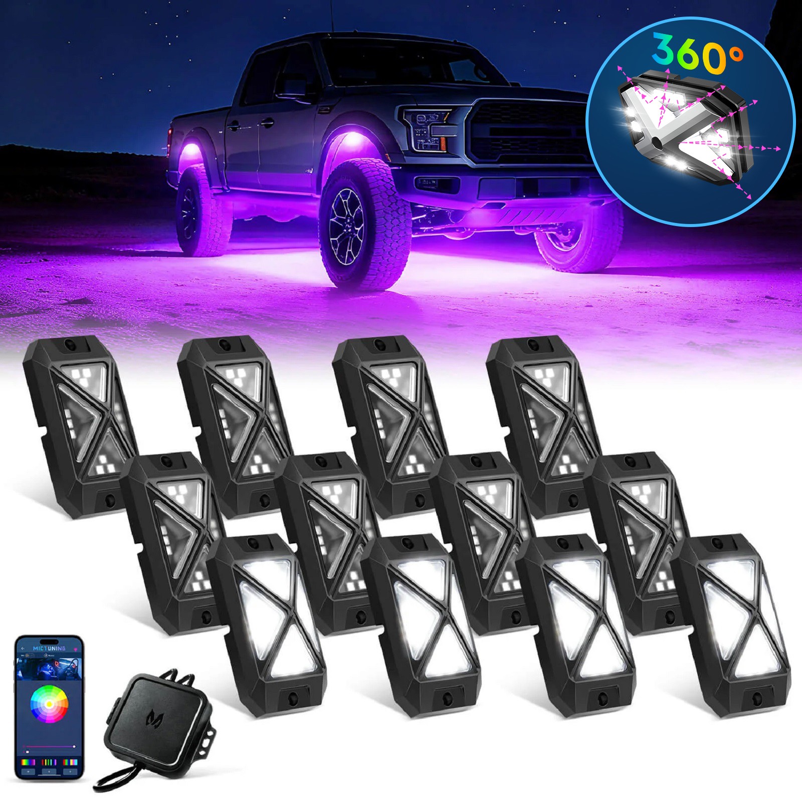 MICTUNING C4 RGBW LED Rock Light,12-Pods Car Underglow Neon Accent Light LED Kit