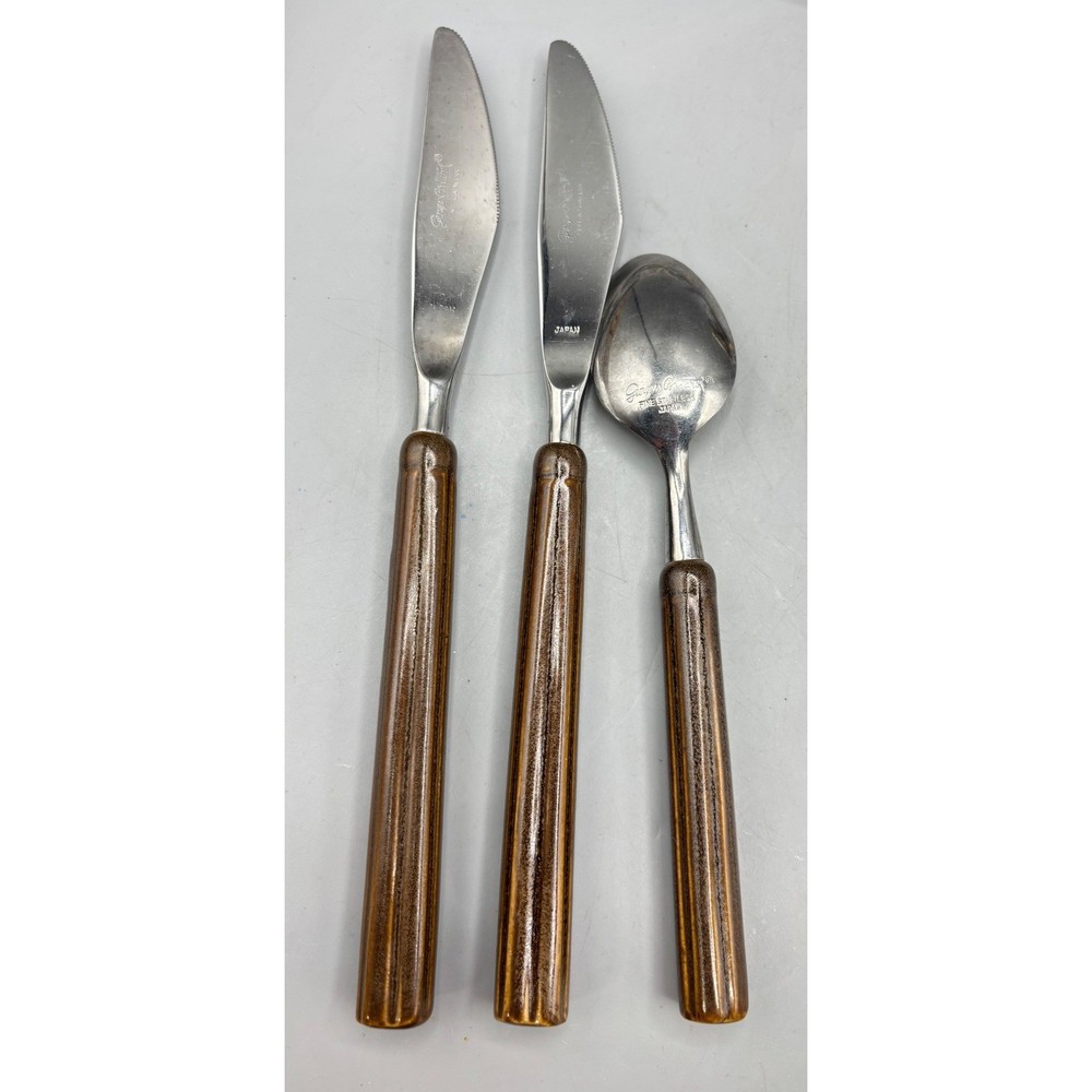 Vtg MCM Georges Briard Stainless Flatware 3 Pc Knife Spoon Brown Ceramic Replace