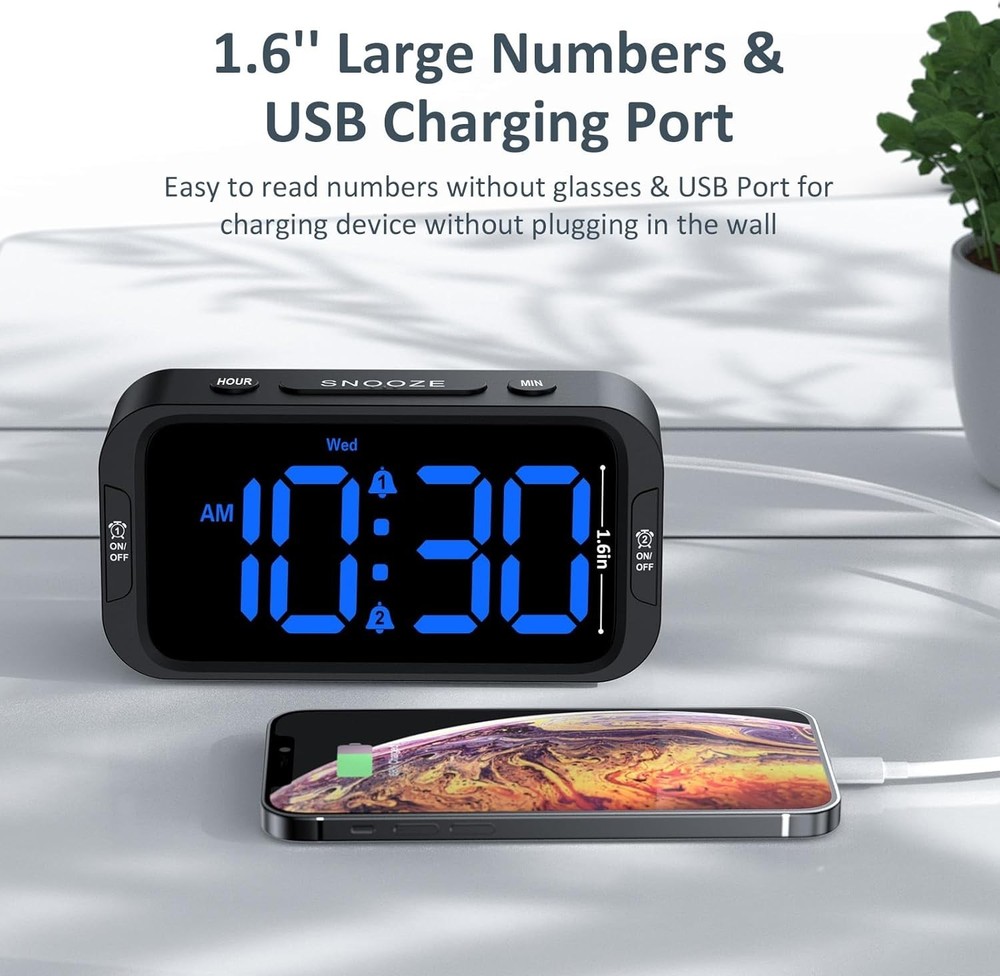 Versatile USB Charging Alarm Clock with Compact Design & Dimmer – Black/Blue LED