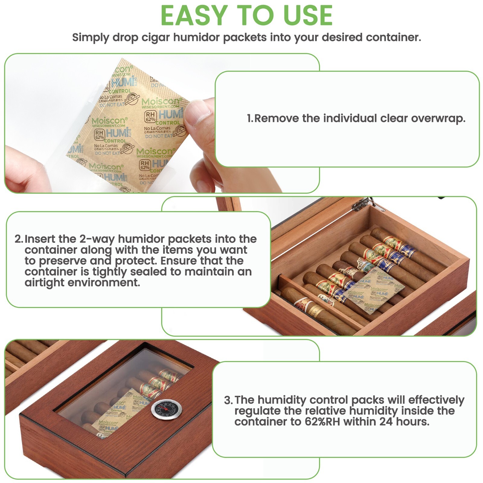 62% RH 8 Gram 2-Way Humidity Control Packs for Storing 1 oz Individually Wrapped