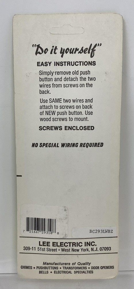 Lee Electrical BC293LWBZ Lighted Screw Back Rectangle Doorbell Push Button 16V