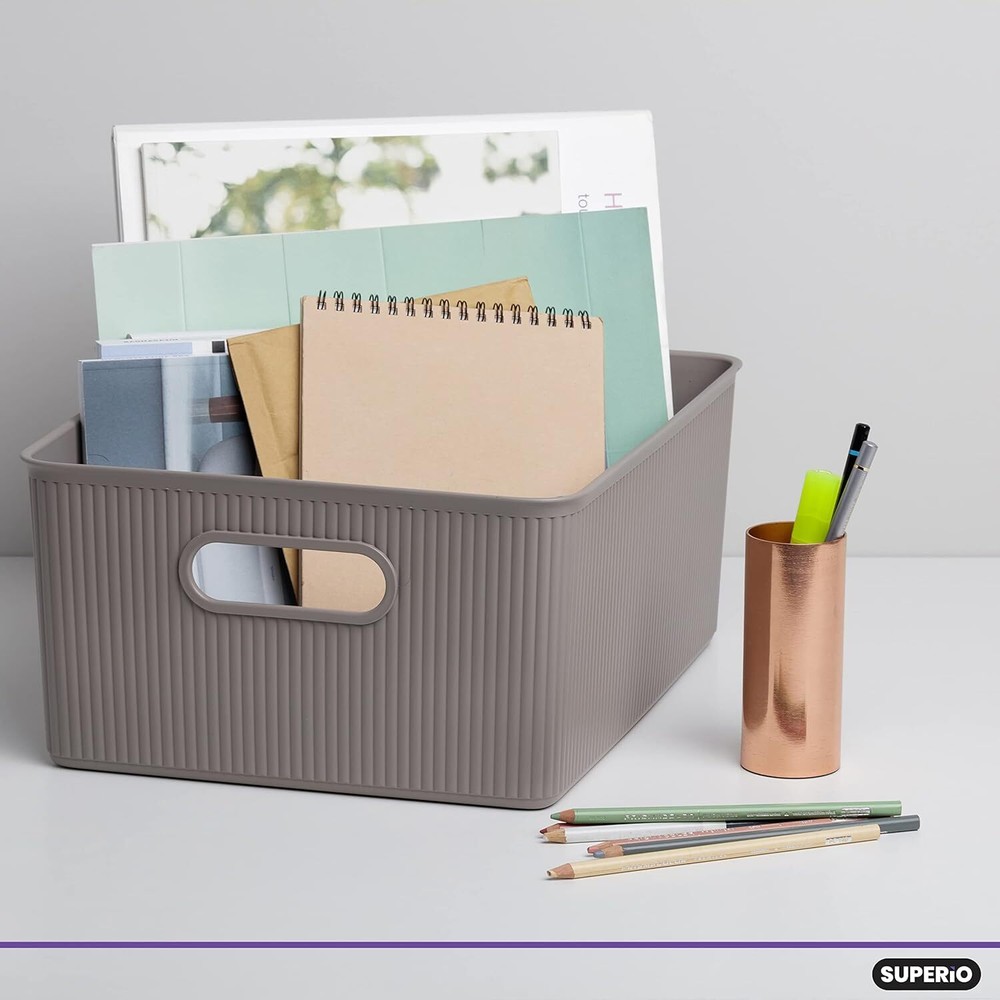 Decorative Storage Bins (2 Pack) Taupe Plastic Storage Baskets 15 Liter Medium