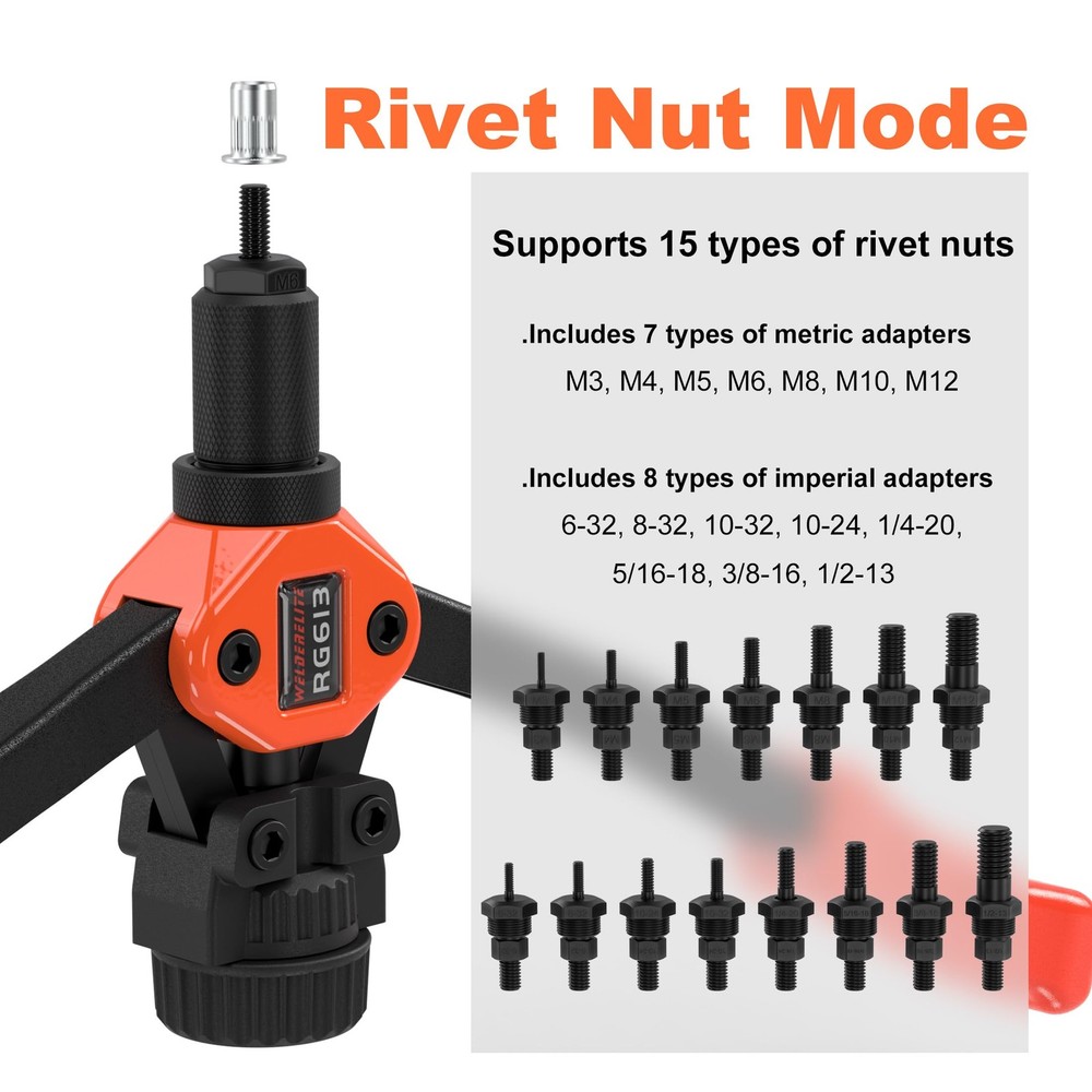 Dual-Function Rivet Nut Tool Including 405 pcs Nuts Blind 15 Mandrels 5 Nozzles