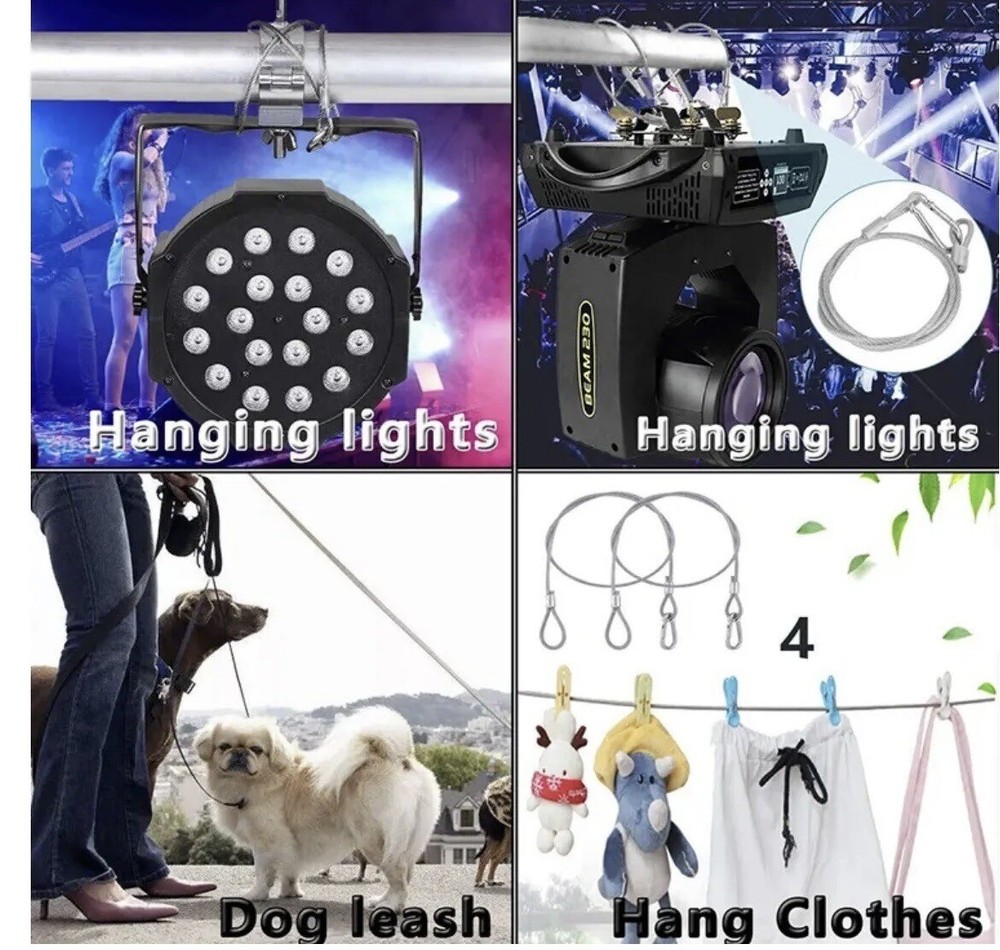 Stage Light Safety Cables 47”, Stainless Steel Security Cable.Multi Use/4PCS SET