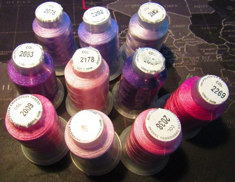 Polyester Machine Embroidery Thread, 10 different purple/pink  500m Spools