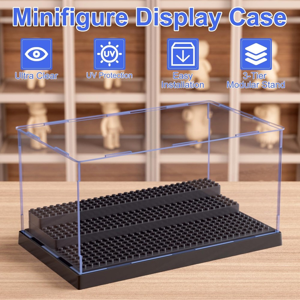 2 Pack Minifigure Display Case, Clear Acrylic Box with 3 Steps for Action Fig...