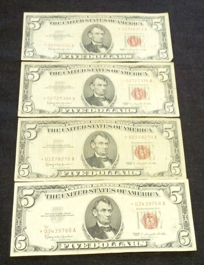 (4) 1963 $5 RED SEAL STAR NOTES (2718)