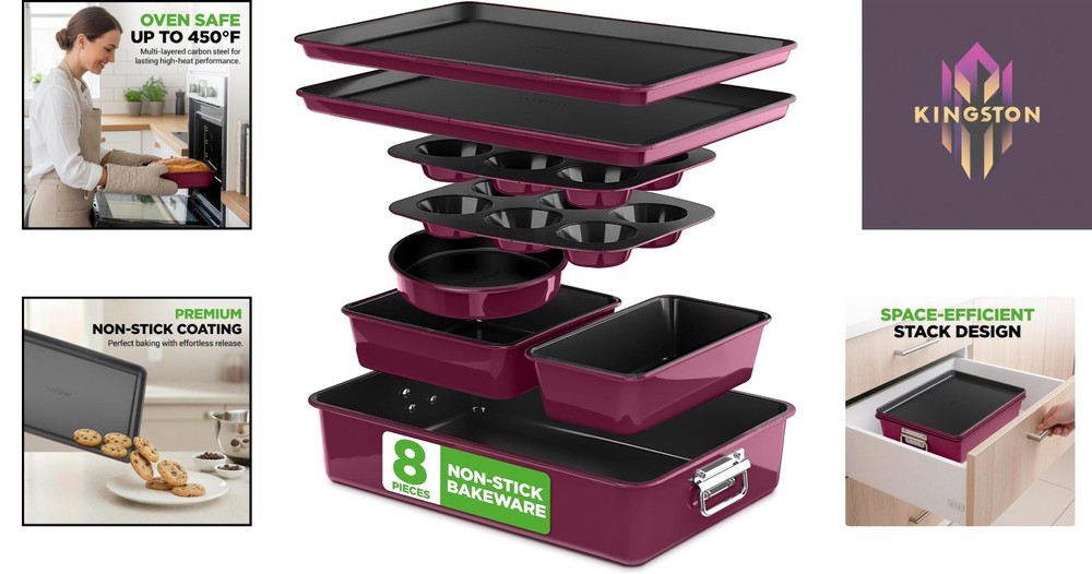 8-Piece Purple Bakeware Set - Nonstick, Stackable & BPA-Free Essentials