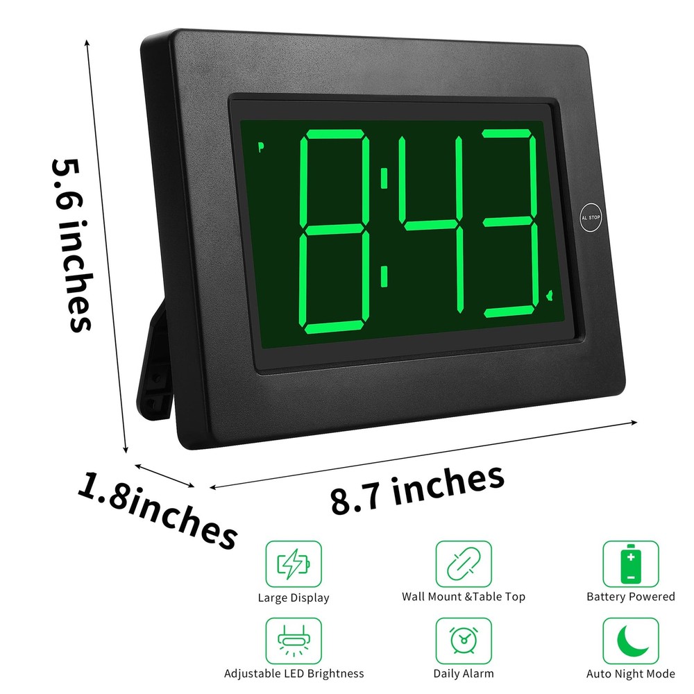 KWANWA Alarm Clock, Wall Clock, Digital Clock, 3" LED Digit Display, Battery Ope