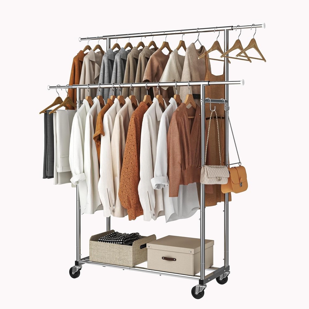 Double Rod Rolling Garment Rack Adjustable Clothes Hanging Organizer with Wheels