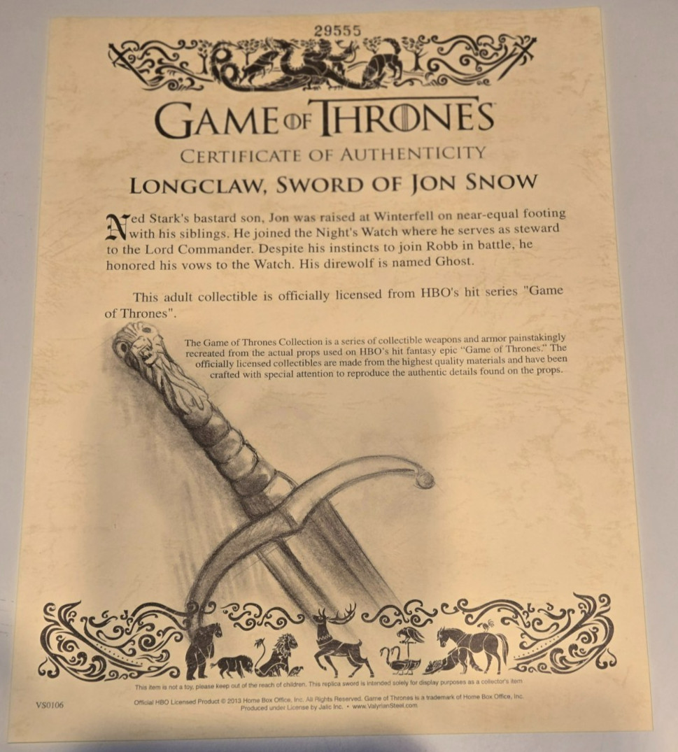 Game of Thrones JON SNOW Valyrian Steel LONGCLAW Sword Replica w/ Boxes