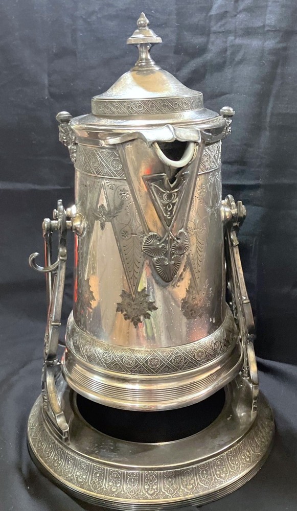 ANTIQUE 1864 REED & BARTON SILVERPLATE TILTING PITCHER WITH STAND
