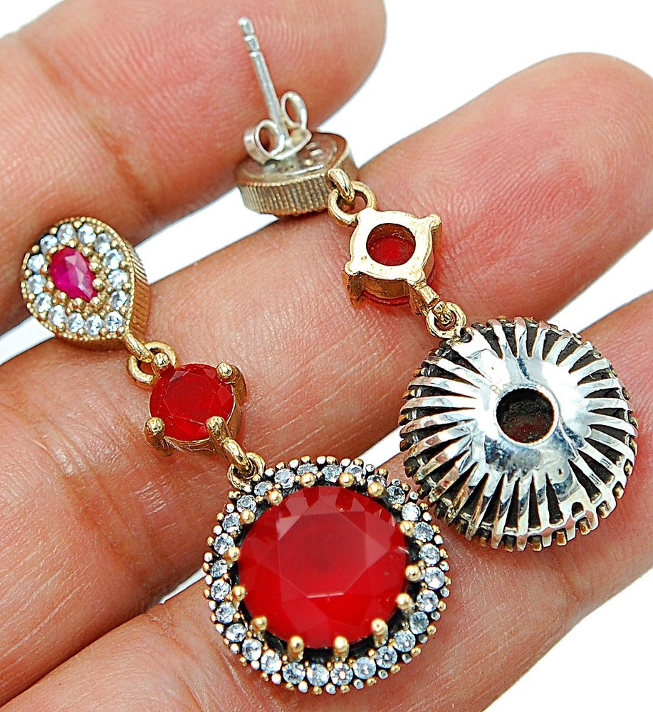 Ottoman Style 18CT Treated Ruby 925 Sterling Silver Earrings SB3-5