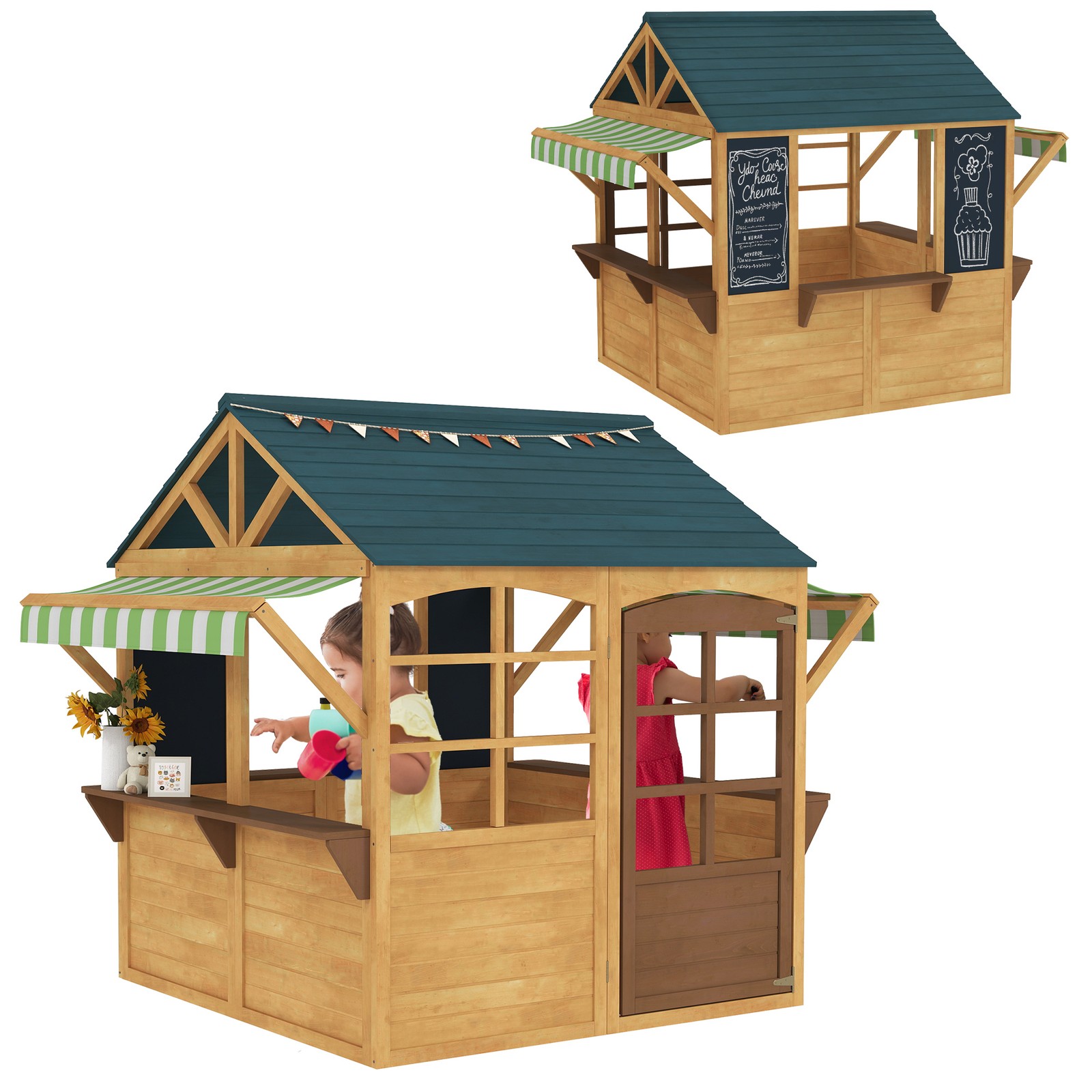 Qaba Outdoor Playhouse, Foldable Wooden Kids Cottage, Brown