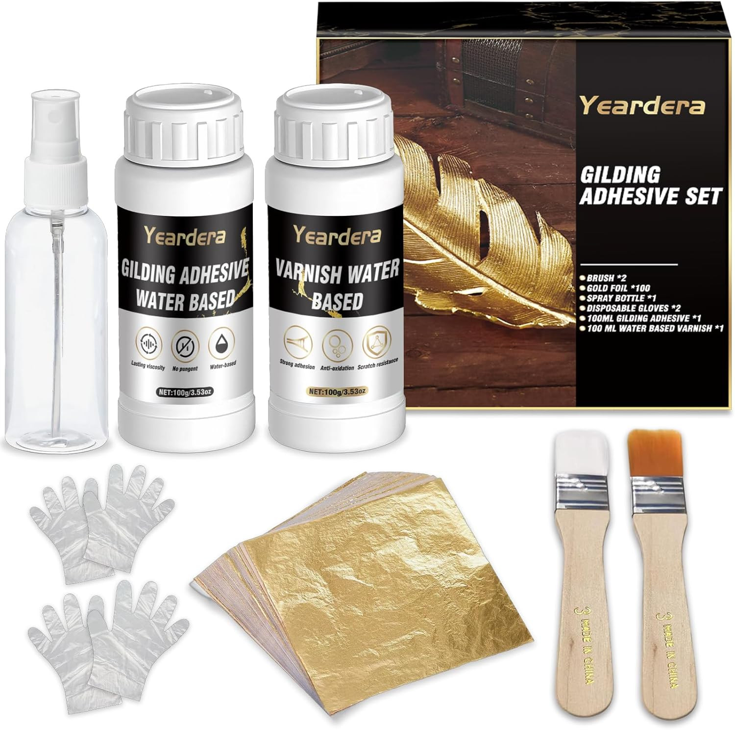 Gold Leaf Kit, 100ml Gilding Adhesive and Varnish with 100 Gold Leaf Sheets for