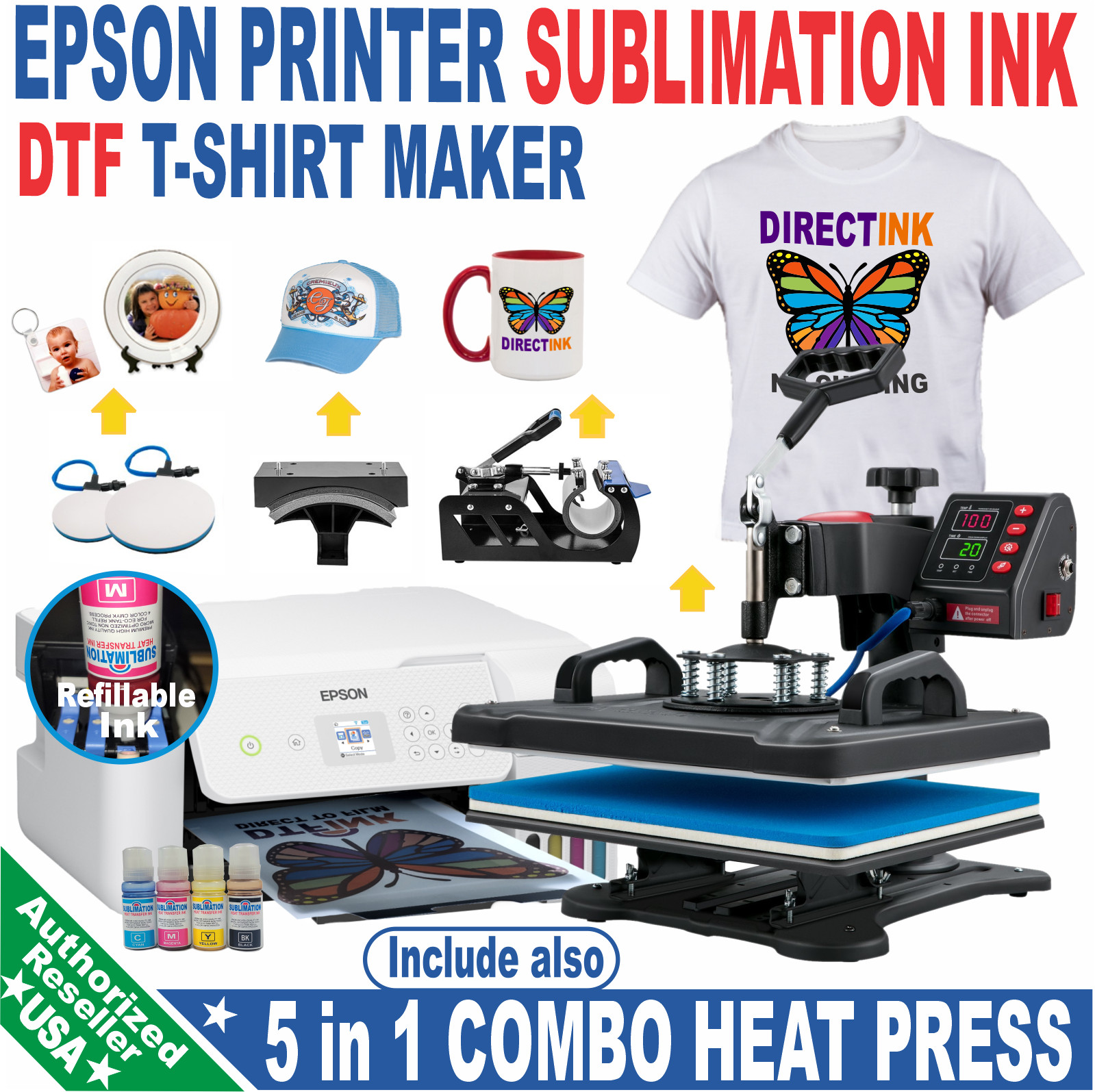 Epson Printer with Sublimation ink Kit plus  5 in 1 Heat Press Complet Bundle