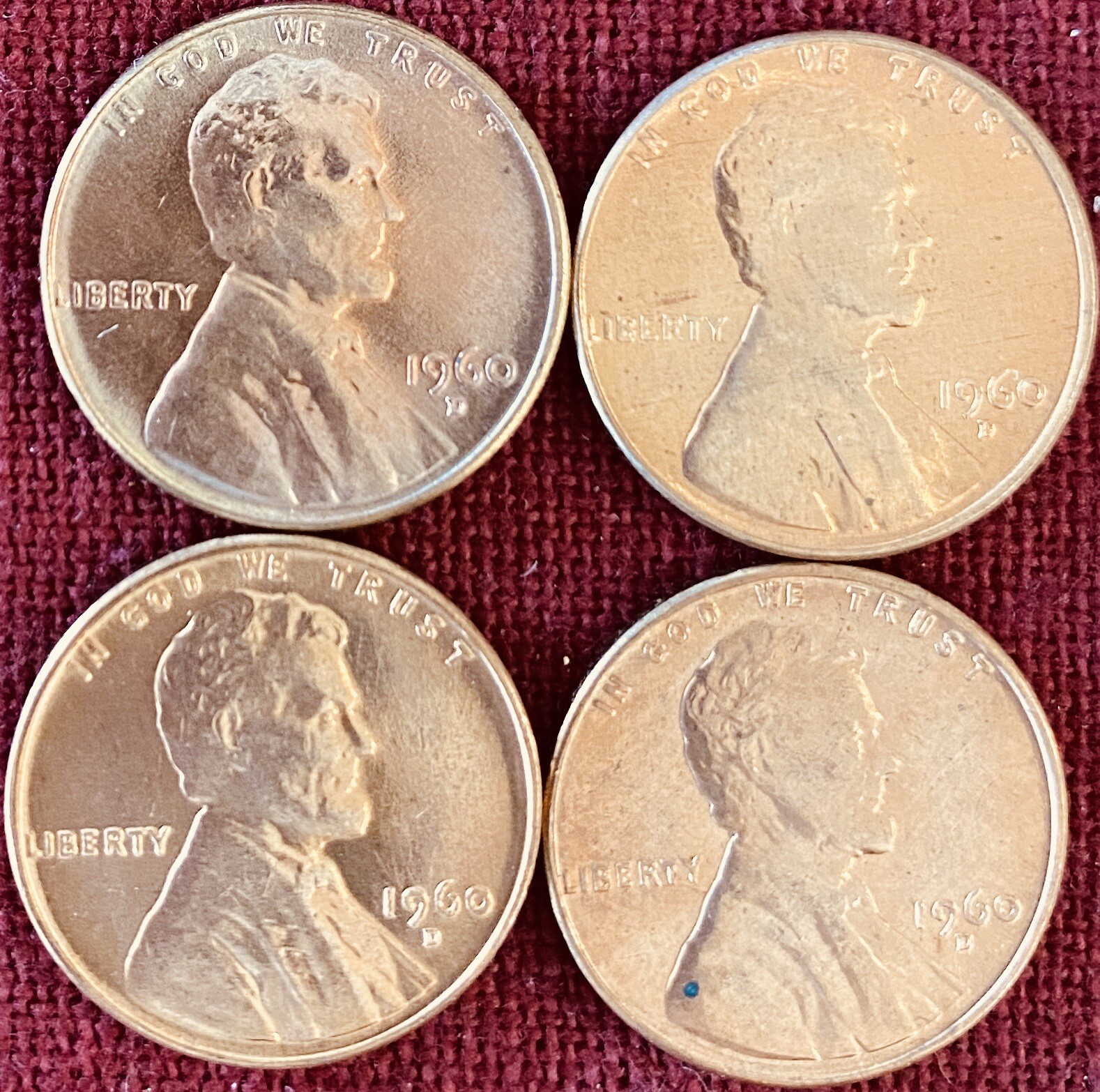 1960-D BU Lincoln Memorial Cents - Small And Large Dates, Two Of Each - Lot Of 4
