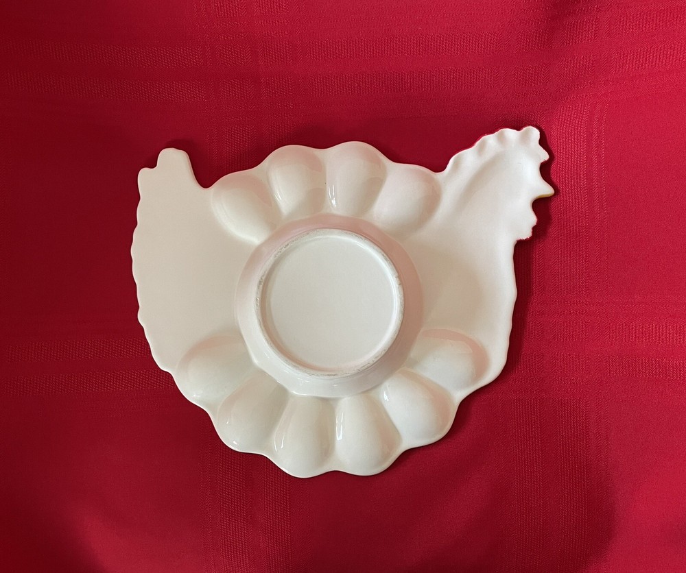 Chicken Hen Shaped Ceramic Deviled Egg Platter Dish Tray with Dip Holder Vintage