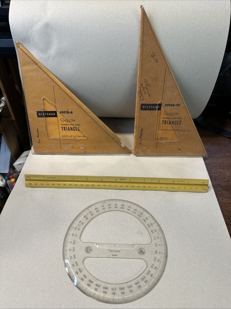 4 PCS Vintage Dietzgen Drafting Tools Ruler Circle Compass 8 &10 Triangle Set