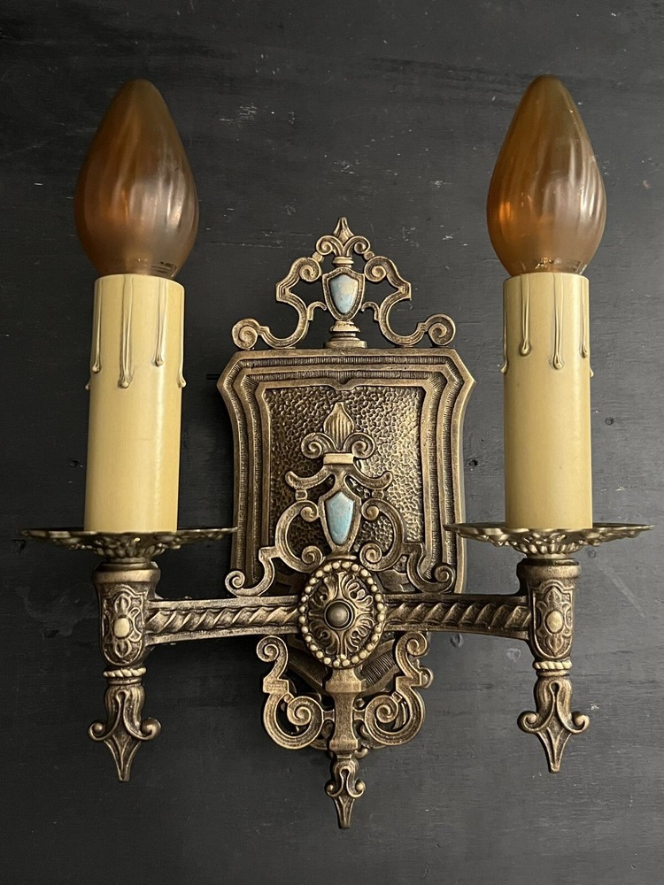 Great Pair Antique Wall Sconces Double Arm Polychrome Finish 40B