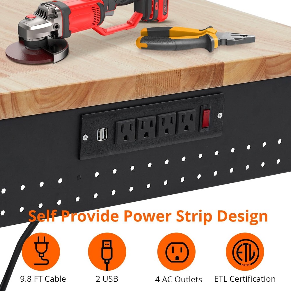 48"x 24" Adjustable Workbench ,Rubber Wood Work Table 2000 LBS with Power Outlet