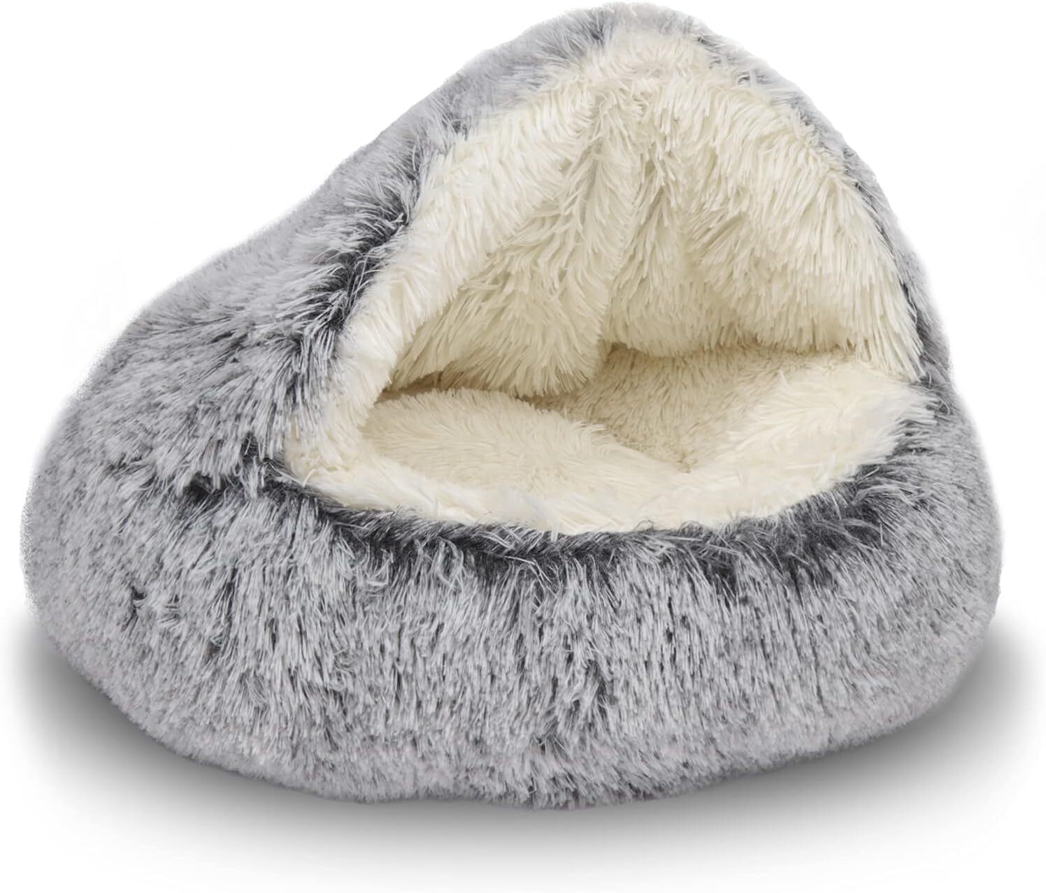 Cat Bed Round Plush Fluffy Hooded Cat Bed Cave Soothing Pet Beds Small 16in*16in