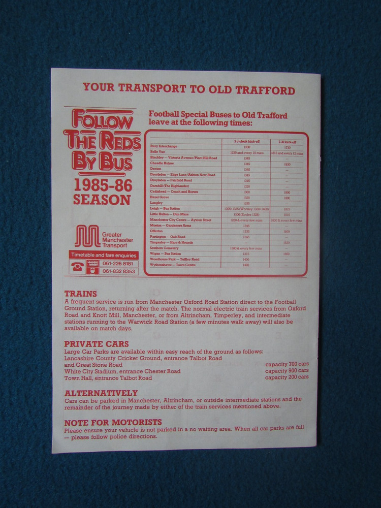 Manchester United Token Sheet 1985/86