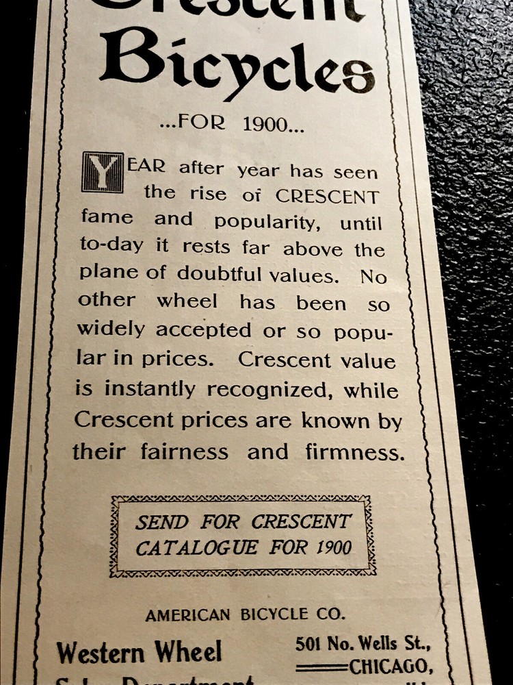 ORIGINAL 1900 Crescent Bicycle Advertising - Chicago