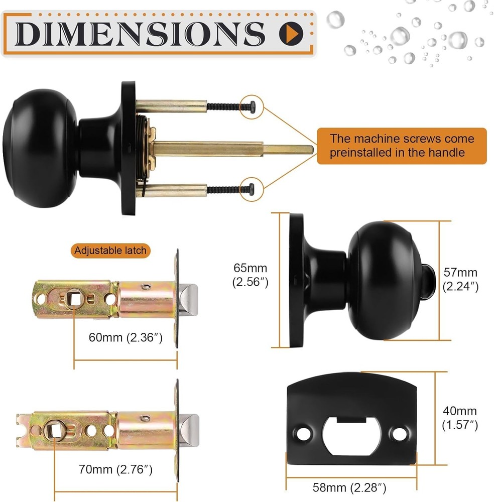 Black Bedroom Bathroom Door Knobs, Round Ball Style, 6 Pack