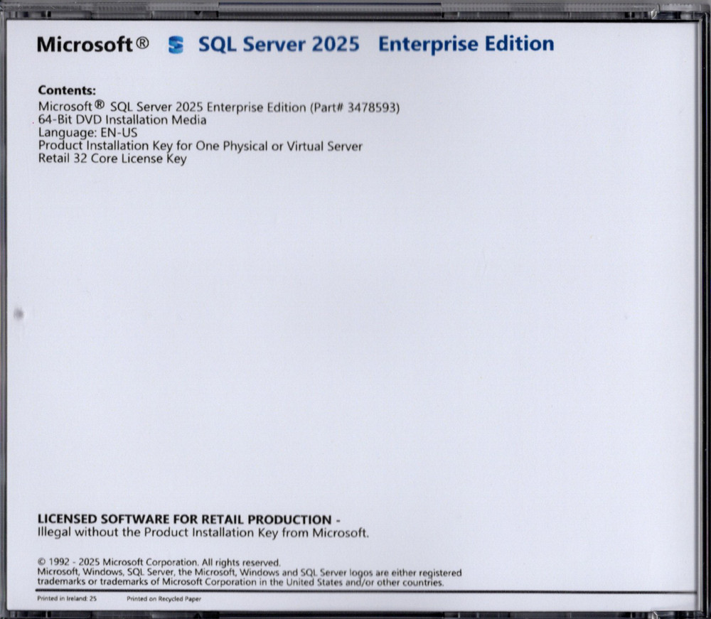 Microsoft SQL Server 2025 Enterprise with 32 Core License, unlimited User CALs