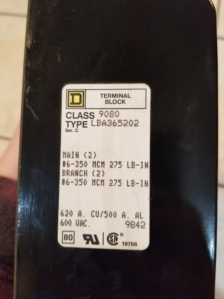 Square D Terminal Block Class 9080 Type LBA365202 Used