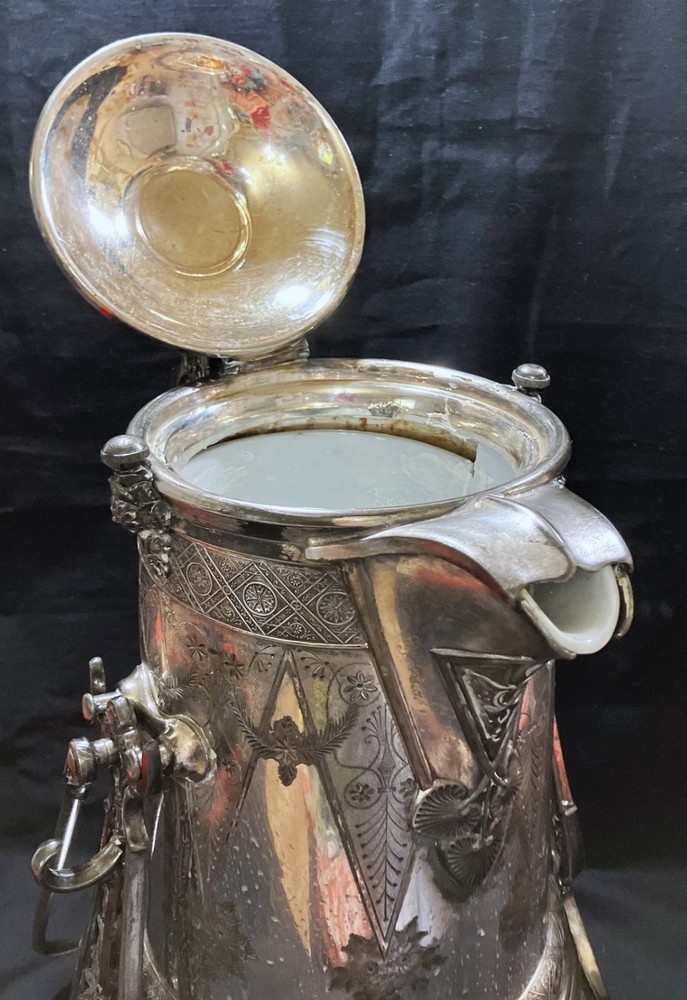 ANTIQUE 1864 REED & BARTON SILVERPLATE TILTING PITCHER WITH STAND