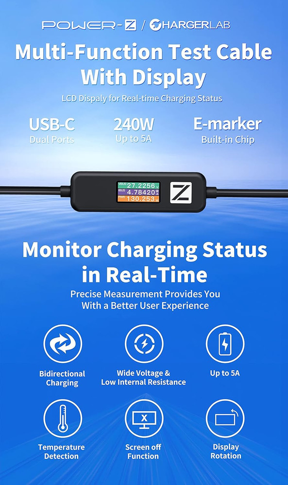 Power-Z AK001 Multi-Function 240W USB PD Charging Test Cable with Color Display