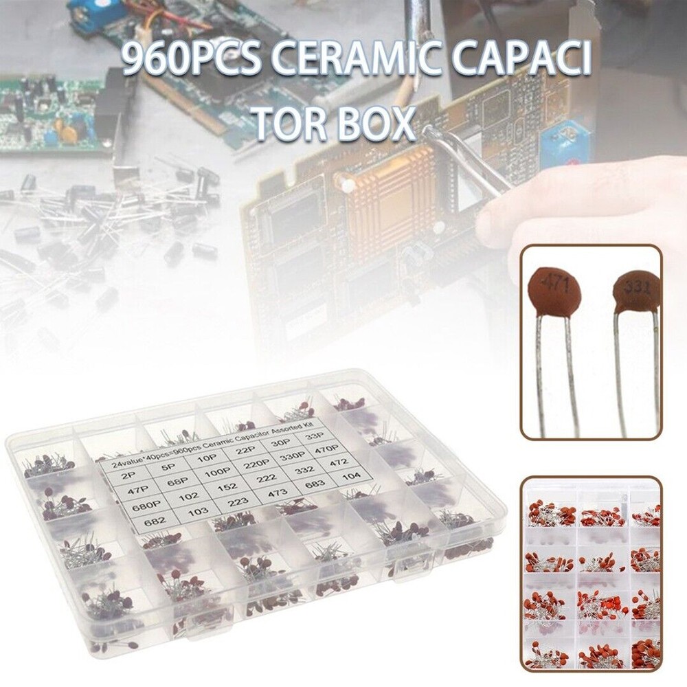 960 PCS 24 Value Ceramic Capacitor 2PF-100NF Assortment Kit for Electronics