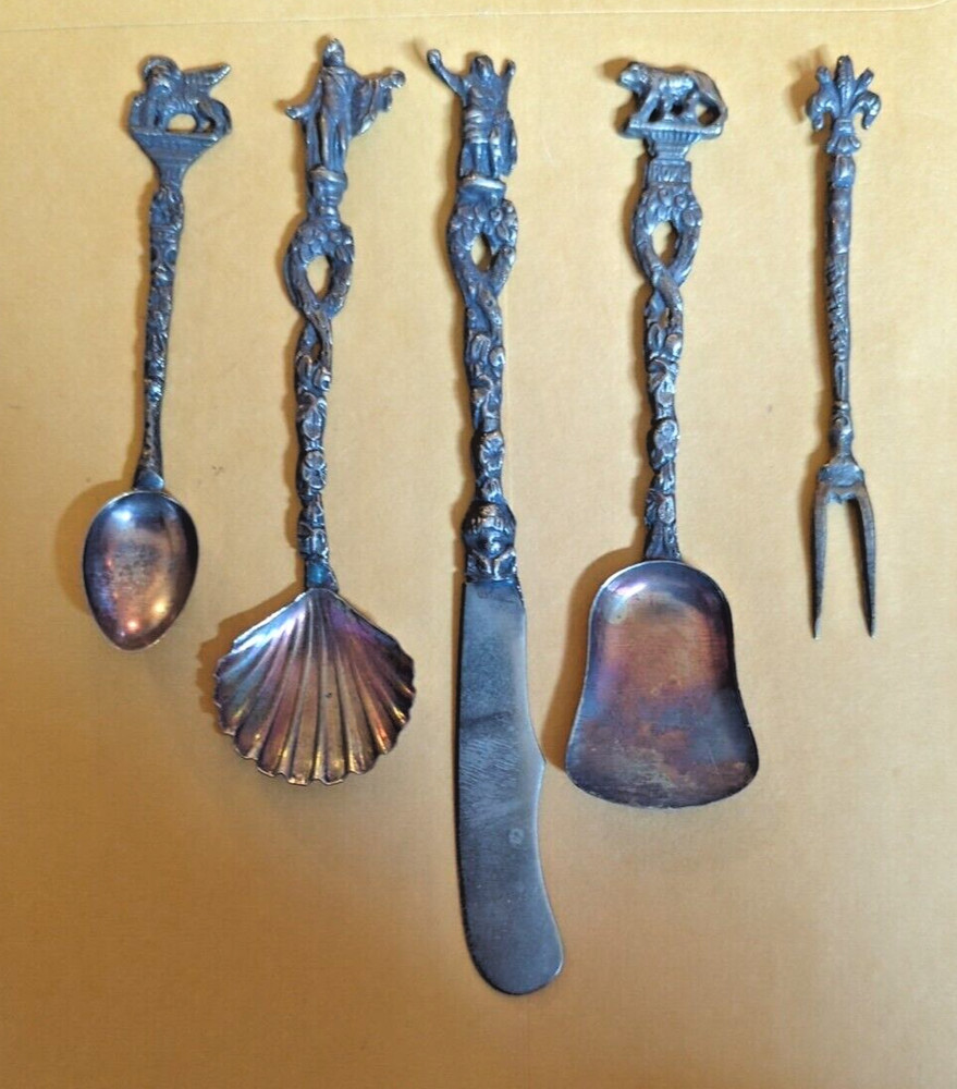 Set of 5 Roman Traversi Hors D’Oeuvres? Flatware Italy Stamp Detailed Figures