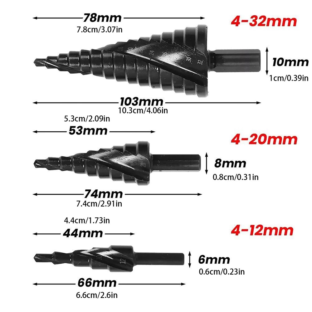 3Pcs HSS Step Drill Bit Set Large Cone Titanium Bit Set 6/8/10mm Shank