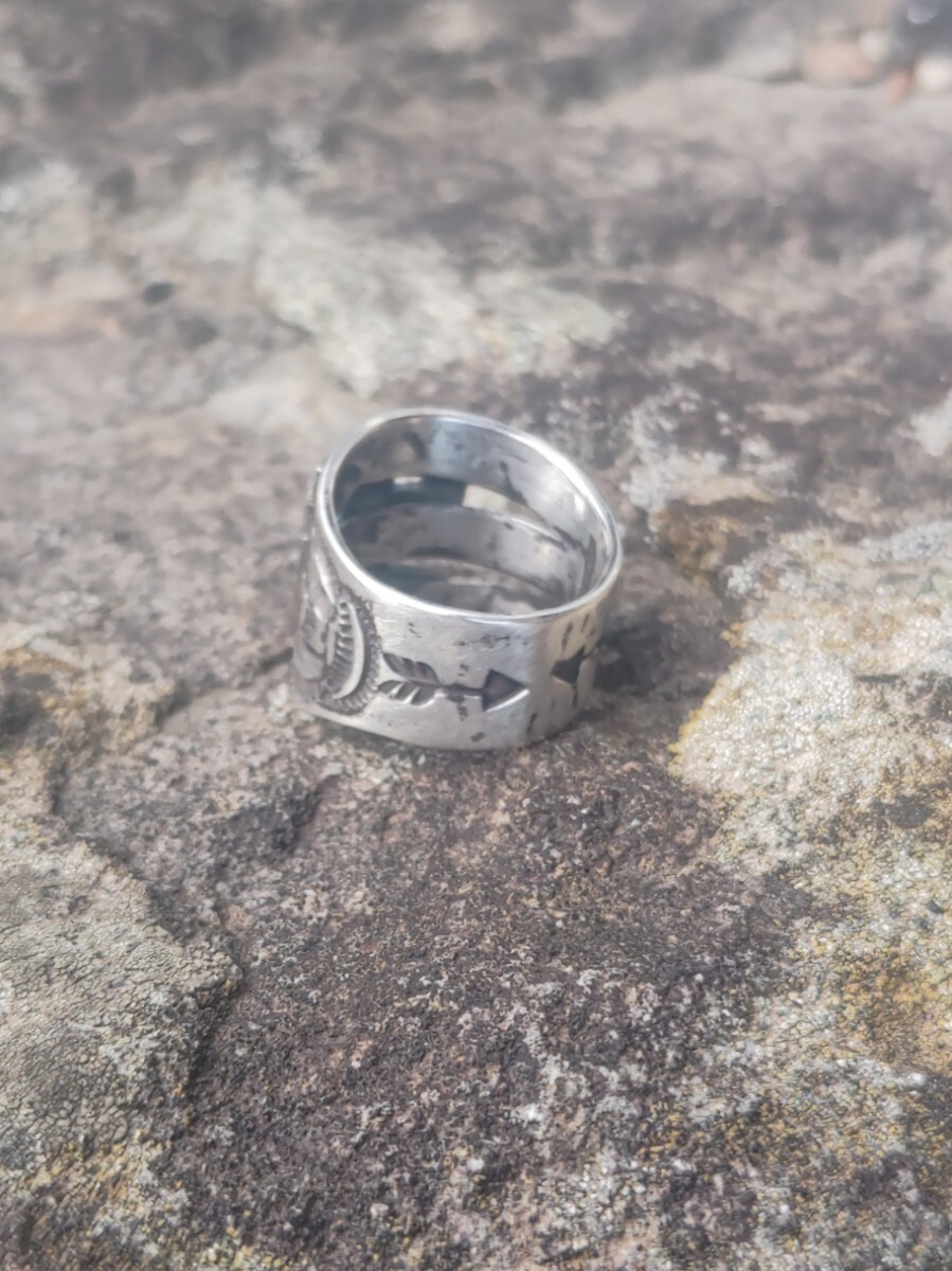 Handmade Indian Swastika Ring Turquoise Stampwork Jewelry Used From Japan