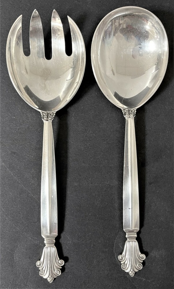Original Georg Jensen 8” Acanthus Sterling Silver Serving Spoon and Fork