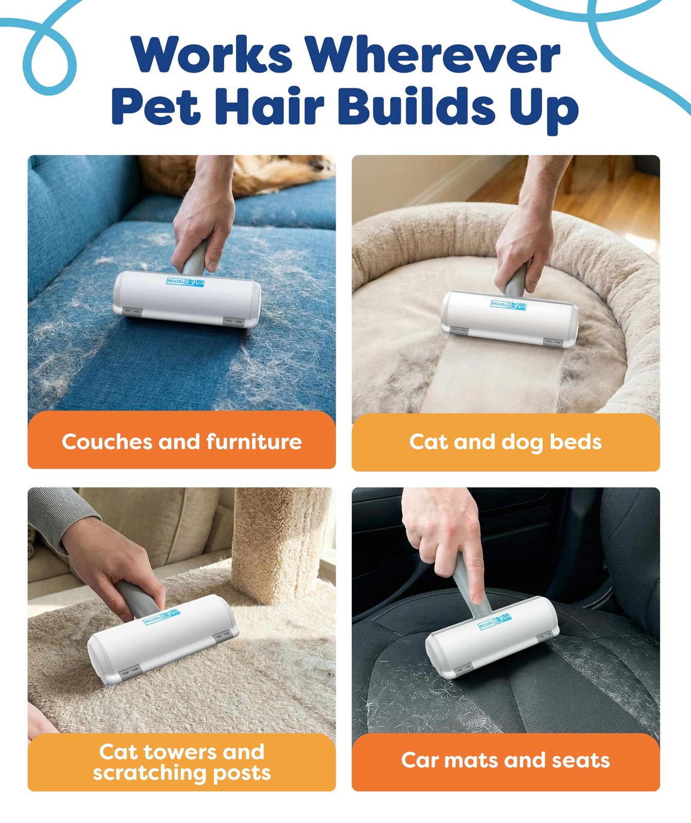 Triton Pet Hair Removal Tool w/Fur Trapping Compartment and Large, Gray/White