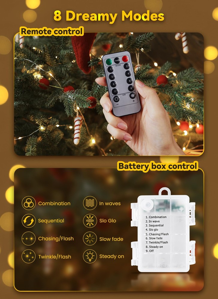 100LED Warm White Waterproof String Lights Timer Remote Control 33ft Fairy Li...