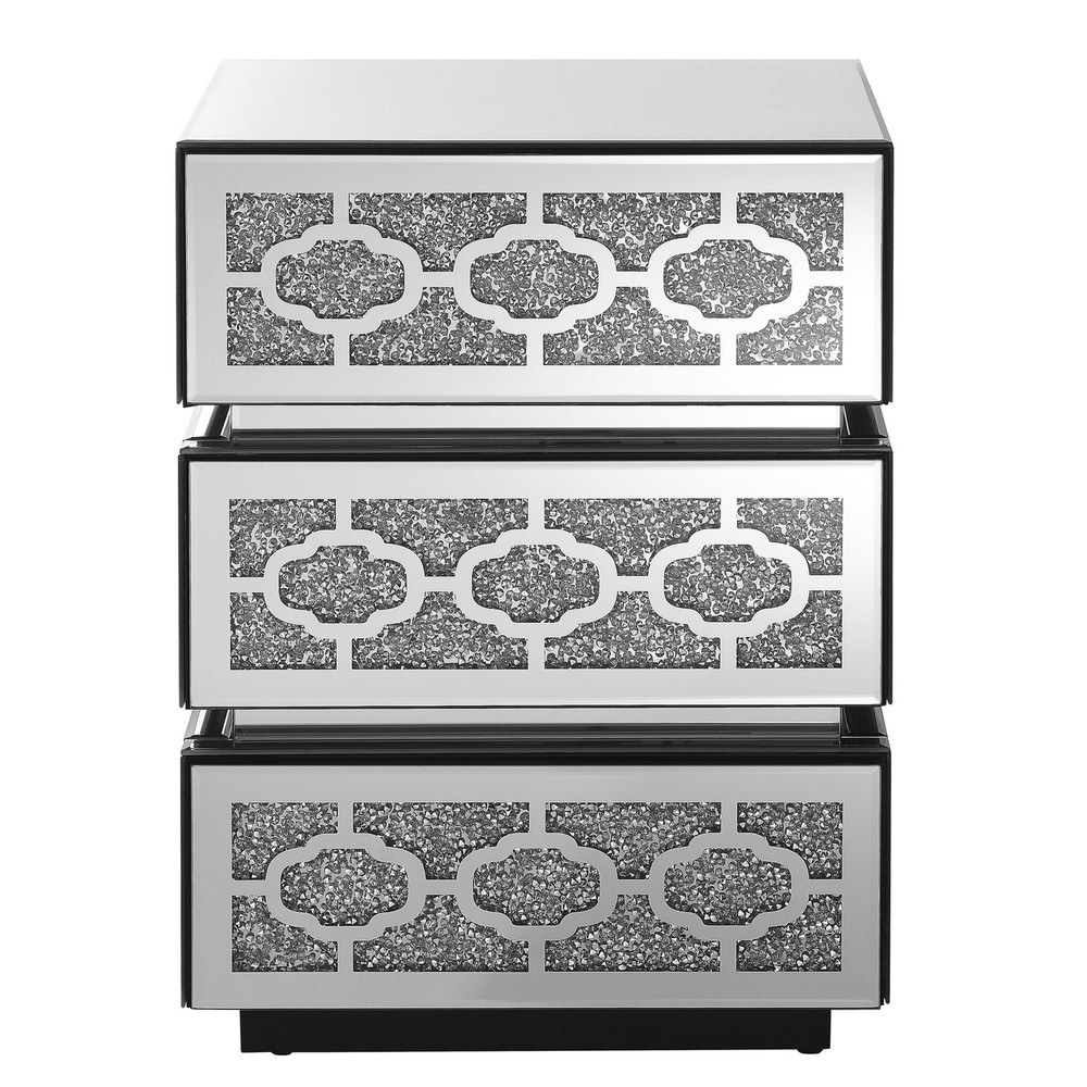 Mirrored Bedside Nightstand, Modern Side Table with 3 Drawers, Silver Accent