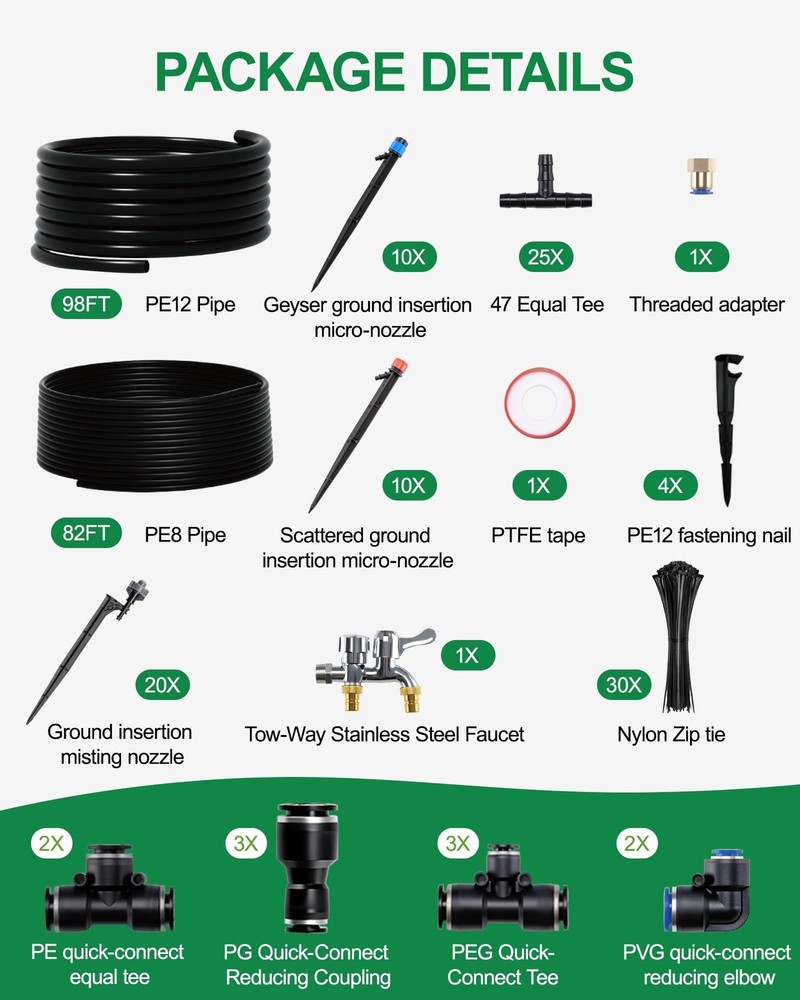 Drip Irrigation System, Automatic Garden Watering System with 180FT 1/2” &