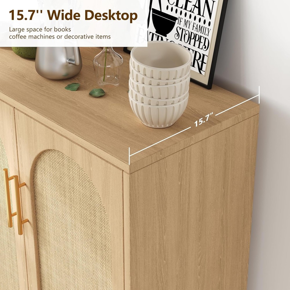 Rattan Buffet Cabinet with Storage, Boho Buffet Table with Adjustable Shelf and